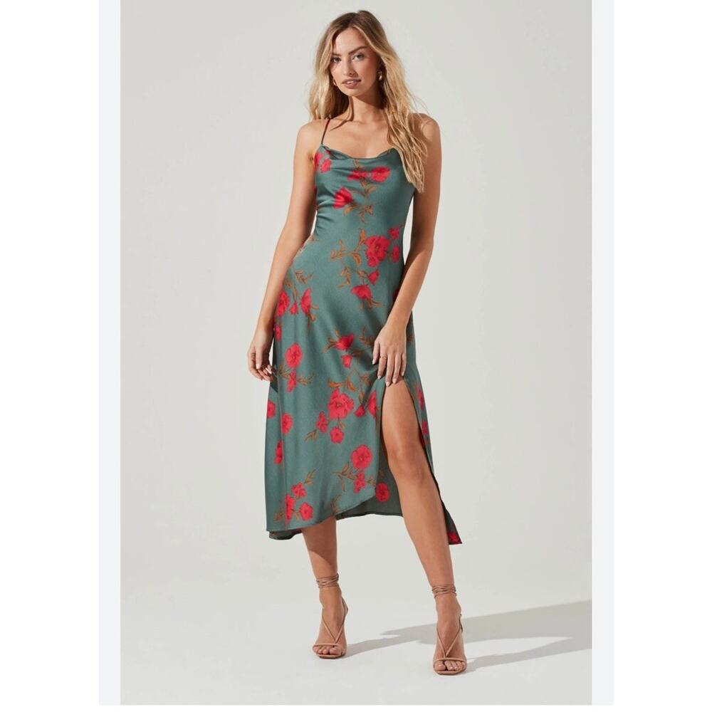 New ASTR the Label Gaia Floral Midi Slip Dress Teal-raspberry Size XS Cowl Neck